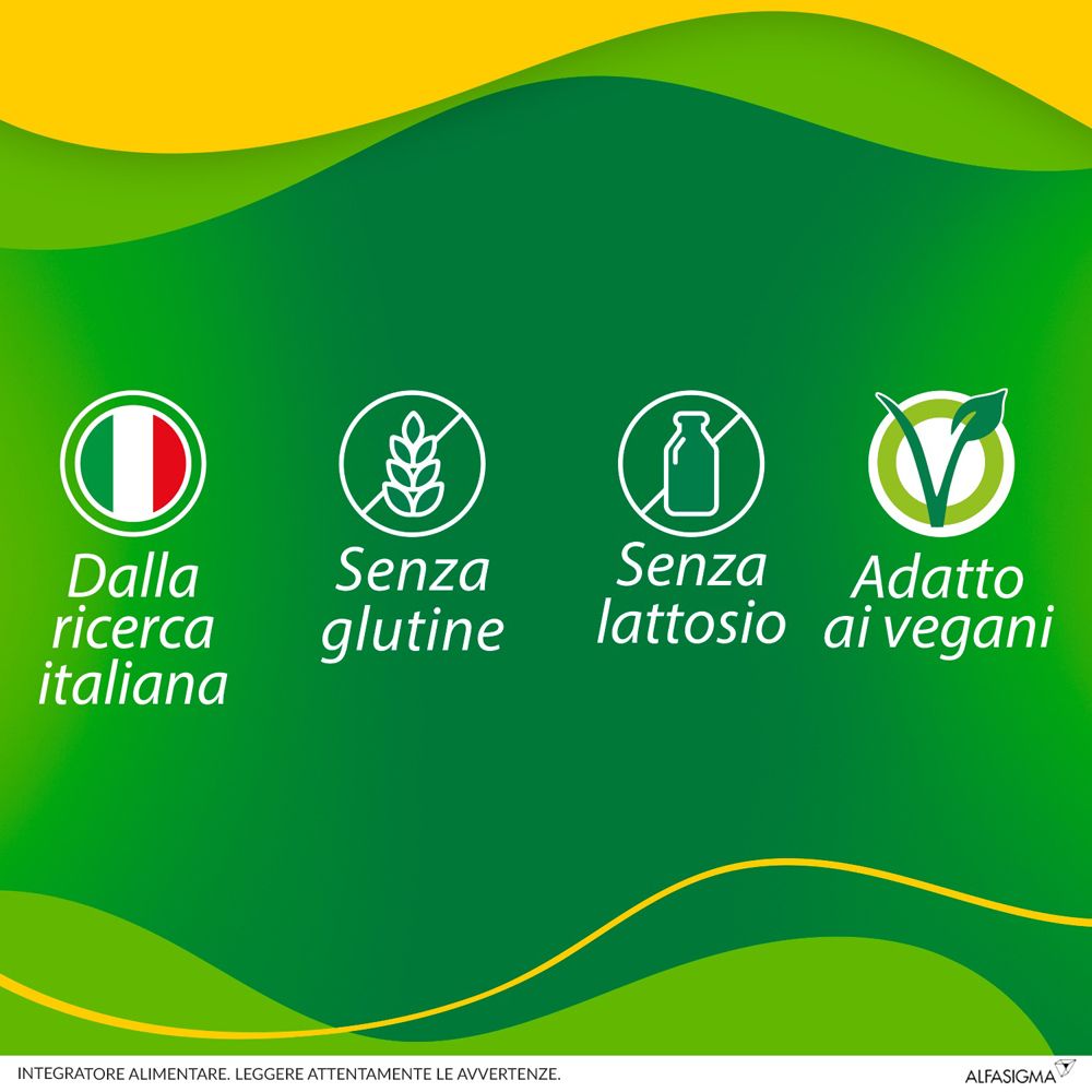 Symbole: Italienische Forschung, glutenfrei, laktosefrei, für Veganer geeignet. Marke Alfasigma.