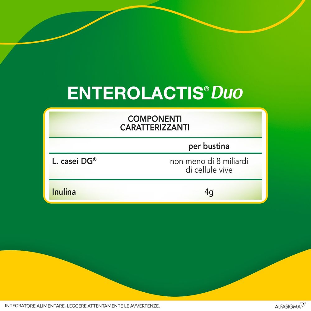 Tabelle mit Inhaltsstoffen pro Beutel. L. casei DG: mind. 8 Milliarden lebende Zellen. Inulin: 4g. Marke Alfasigma.