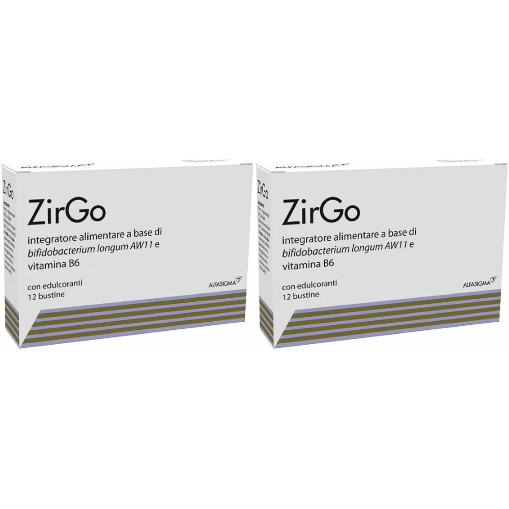 Zwei Schachteln ZirGo. Aufschrift: Integratore alimentare a base di bifidobacterium longum AW11 e vitamina B6, mit 12 Beuteln.