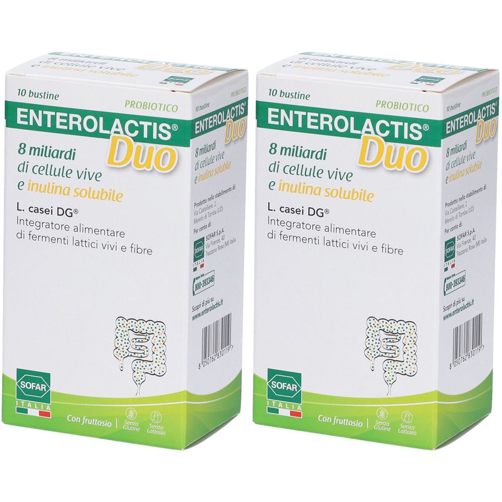 Deux boîtes ENTEROLACTIS Duo. Chaque boîte affiche « 8 milliards de cellules vivantes » et « L. casei DG ».