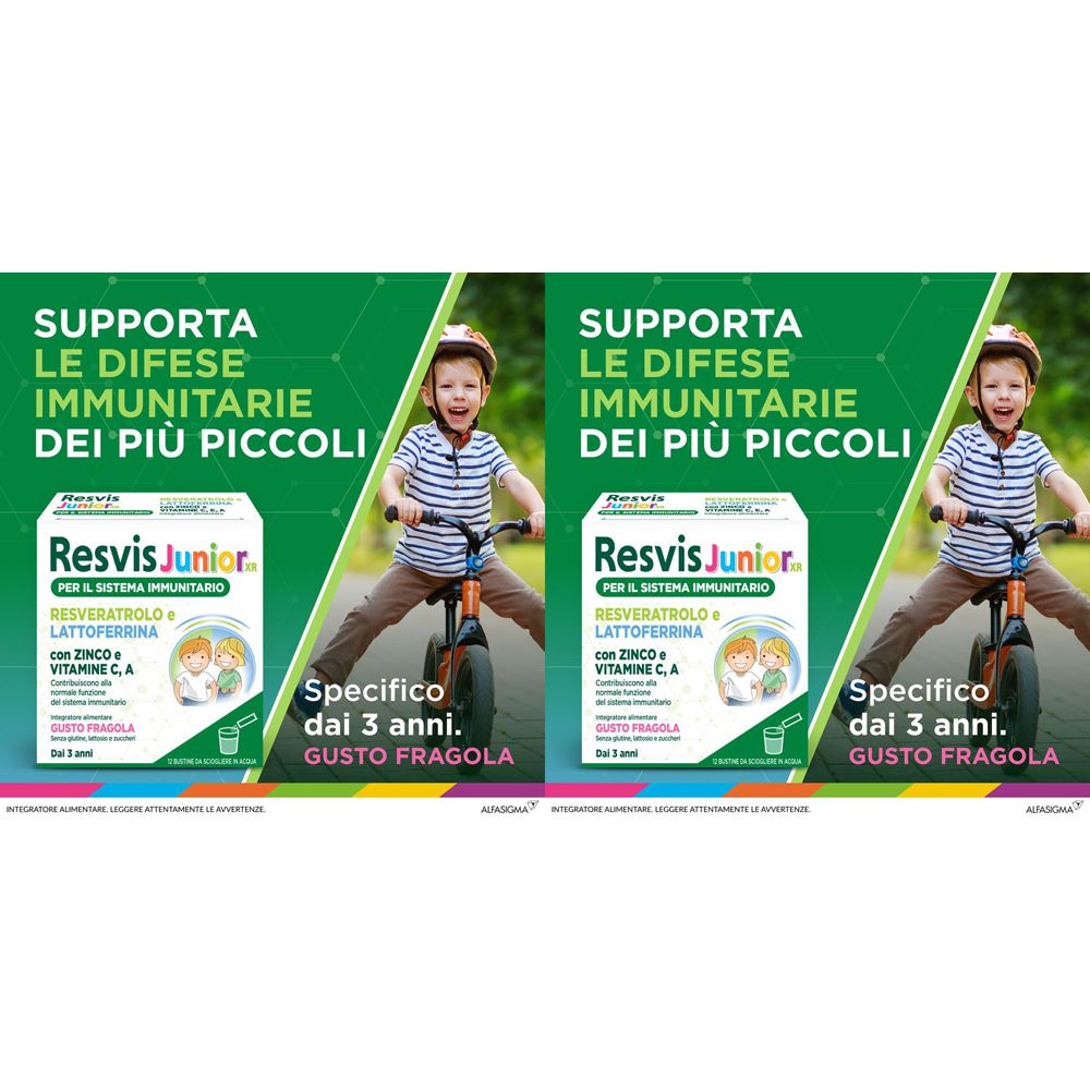 Zwei Packungen Resvis Junior. Aufschrift: Unterstützt das Immunsystem der Kleinsten. Spezifisch ab 3 Jahren. Geschmack Erdbeere.