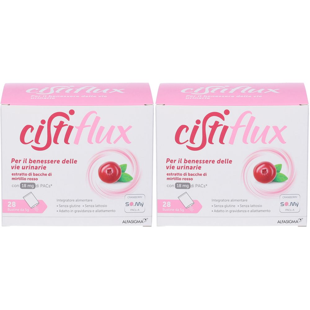 Zwei Kartons mit rosa und weißer Aufschrift. Aufschrift: Cistiflux. Abbildung einer roten Beere. Text: Für das Wohlbefinden der Harnwege.