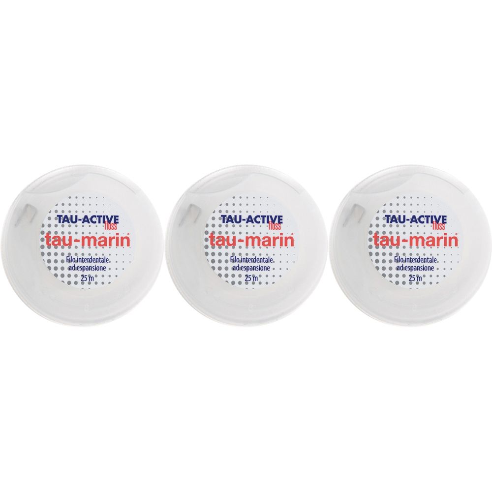 Drei weiße, runde Behälter mit roter und blauer Beschriftung. Aufschrift: TAU-ACTIVE, tau-marin.