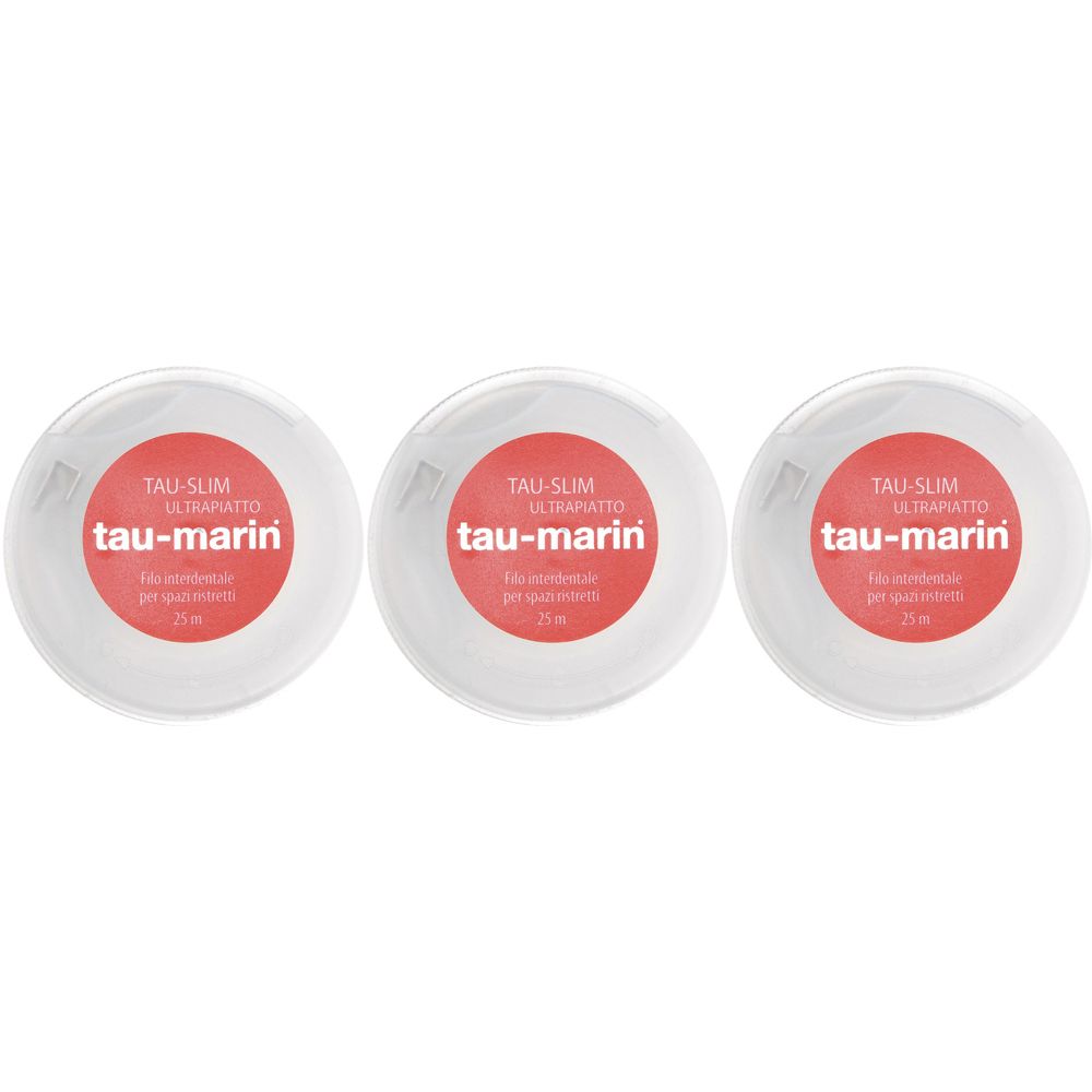 Drei weiße, runde Behälter mit rotem Etikett. Auf dem Etikett steht "TAU-SLIM ultrapiatto tau-marin".