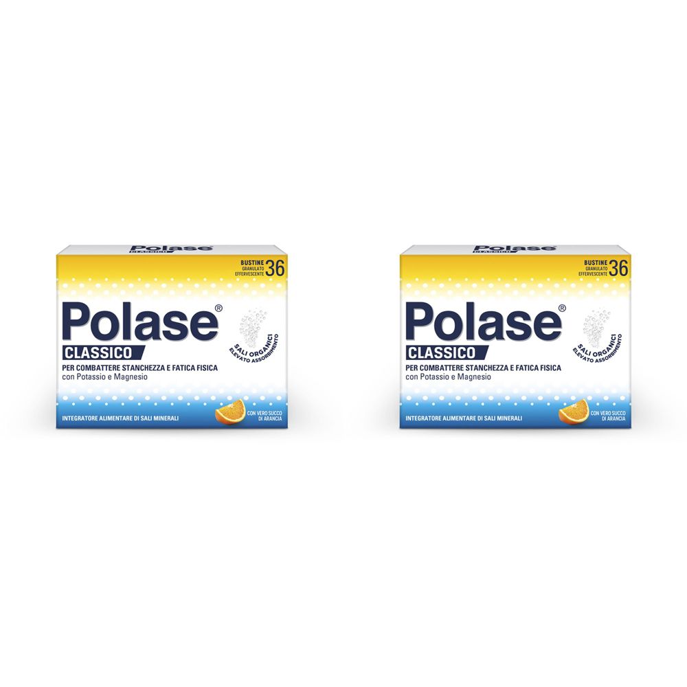 Zwei quadratische Kartons mit der Aufschrift "Polase Classico". Gelb-weiße Verpackung mit Text und einer Orangenscheibe.