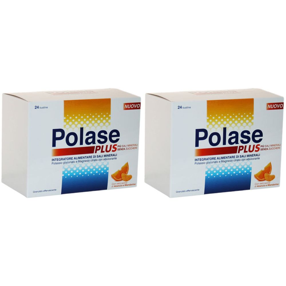Deux boîtes blanches avec texte. Inscription: Polase Plus, Integratore Alimentare di Sali Minerali. Illustration d'oranges et mandarines.