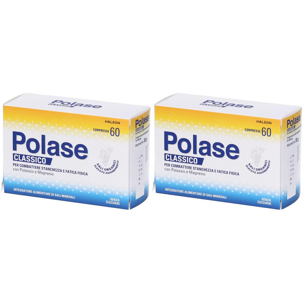 Zwei Schachteln mit der Aufschrift "Polase Classico". Jede Schachtel enthält 60 Tabletten. Gelb-blaue Verpackung.