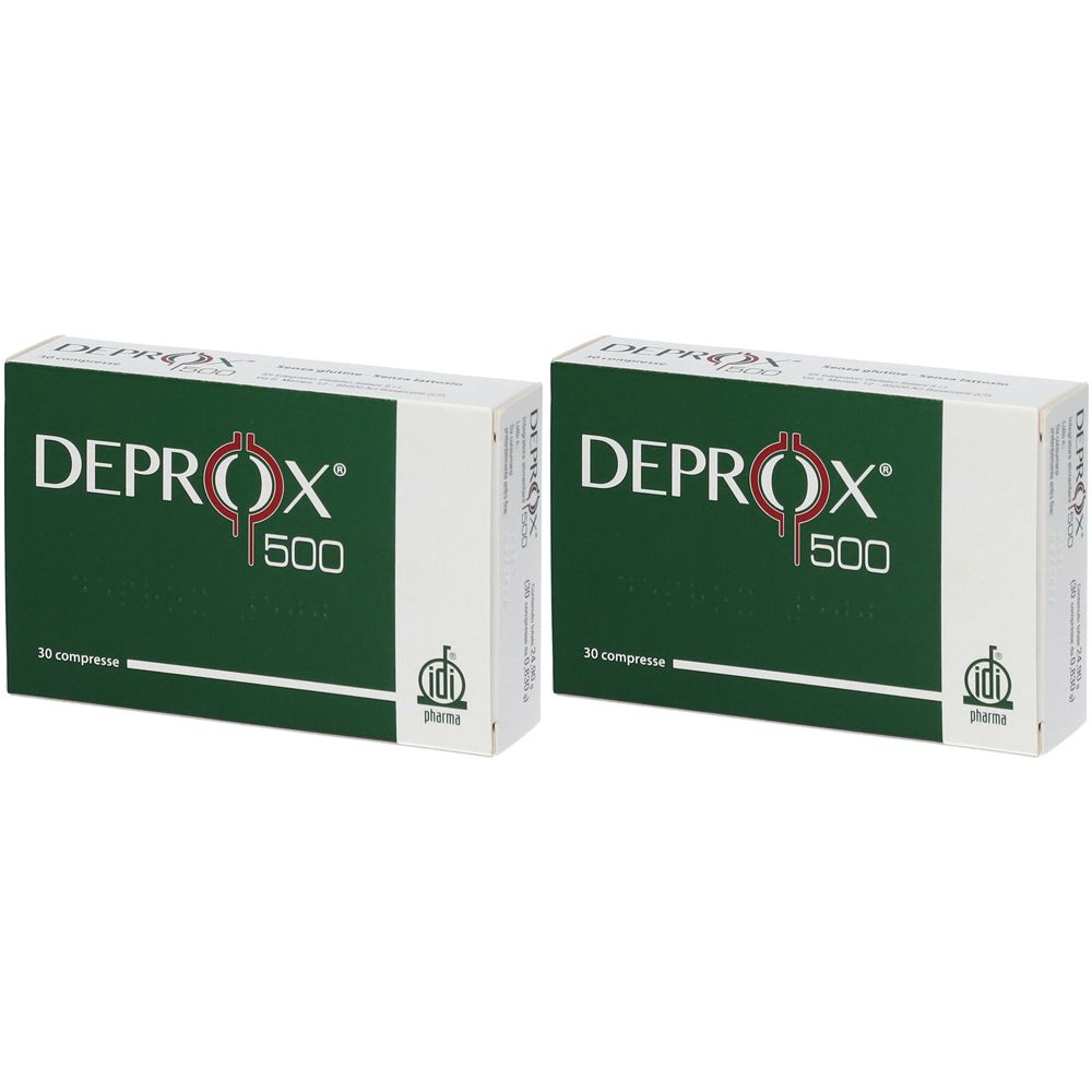 Zwei Schachteln mit der Aufschrift DEPROX 500. Jede Schachtel enthält 30 Tabletten. Das Logo ist ein rotes Symbol.