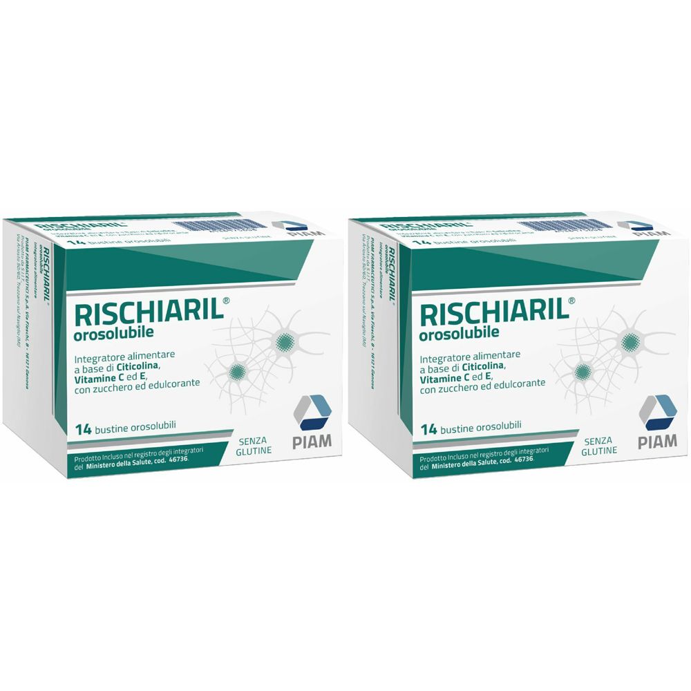 Deux boîtes de RISCHIARIL orosolubile. Chaque boîte contient 14 sachets. Inscription : SENZA GLUTINE et PIAM.