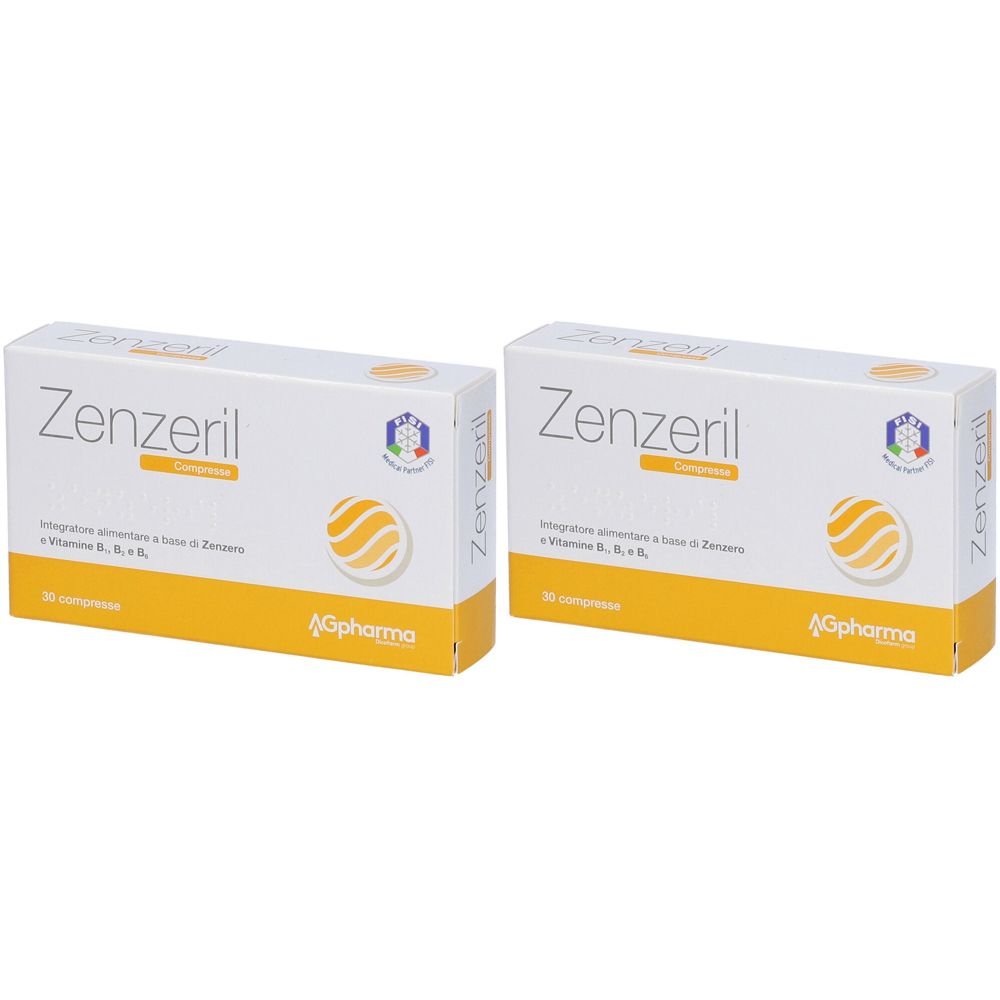 Deux boîtes rectangulaires "Zenzeril". Bande jaune avec texte et logo. Marque AGpharma.