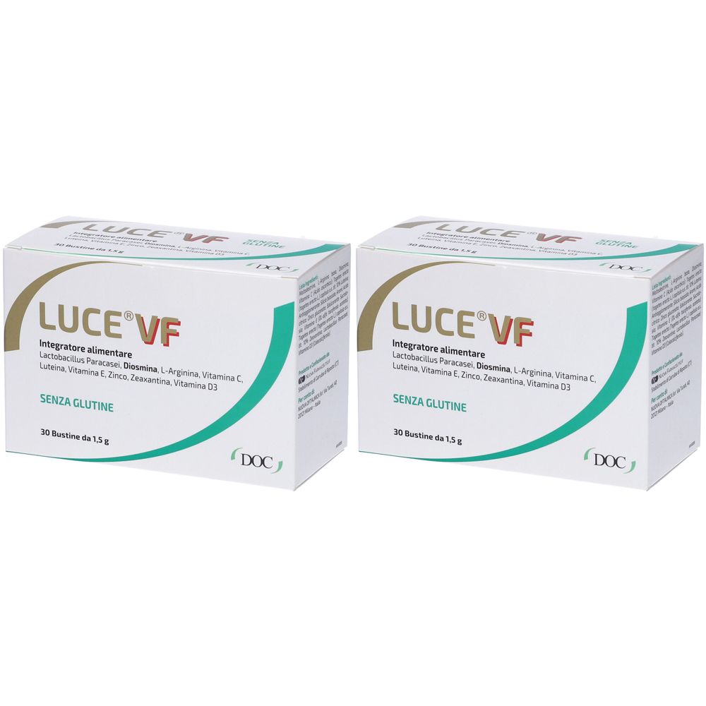 Zwei weiße Kartons mit der Aufschrift "LUCE VF". Text darunter listet Inhaltsstoffe auf. "SENZA GLUTINE" steht darunter. Marke: DOC.