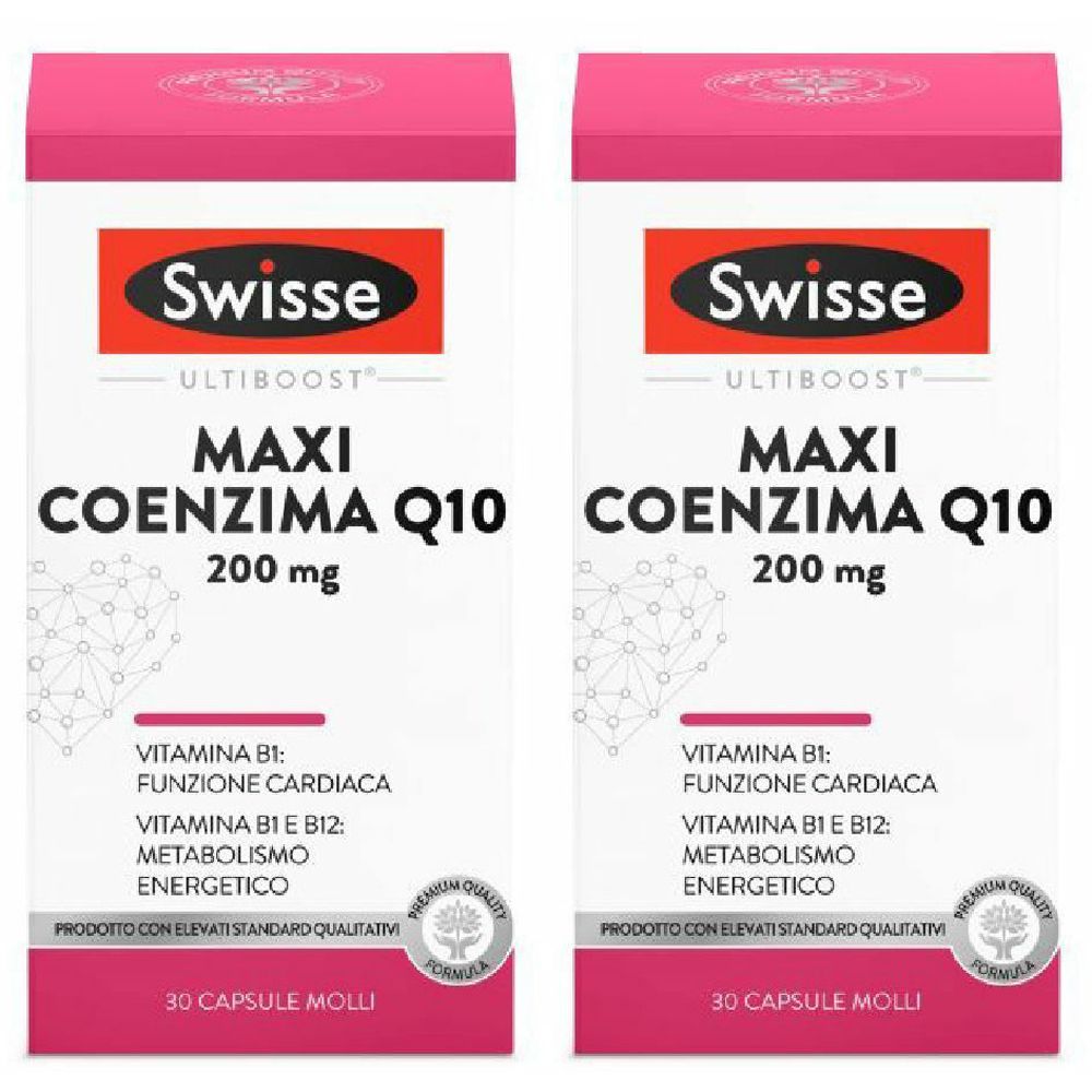 Deux boîtes de Swisse Maxi Coenzima Q10. Inscription : 200 mg, 30 capsules. Contient de la vitamine B1, B12. Qualité supérieure.
