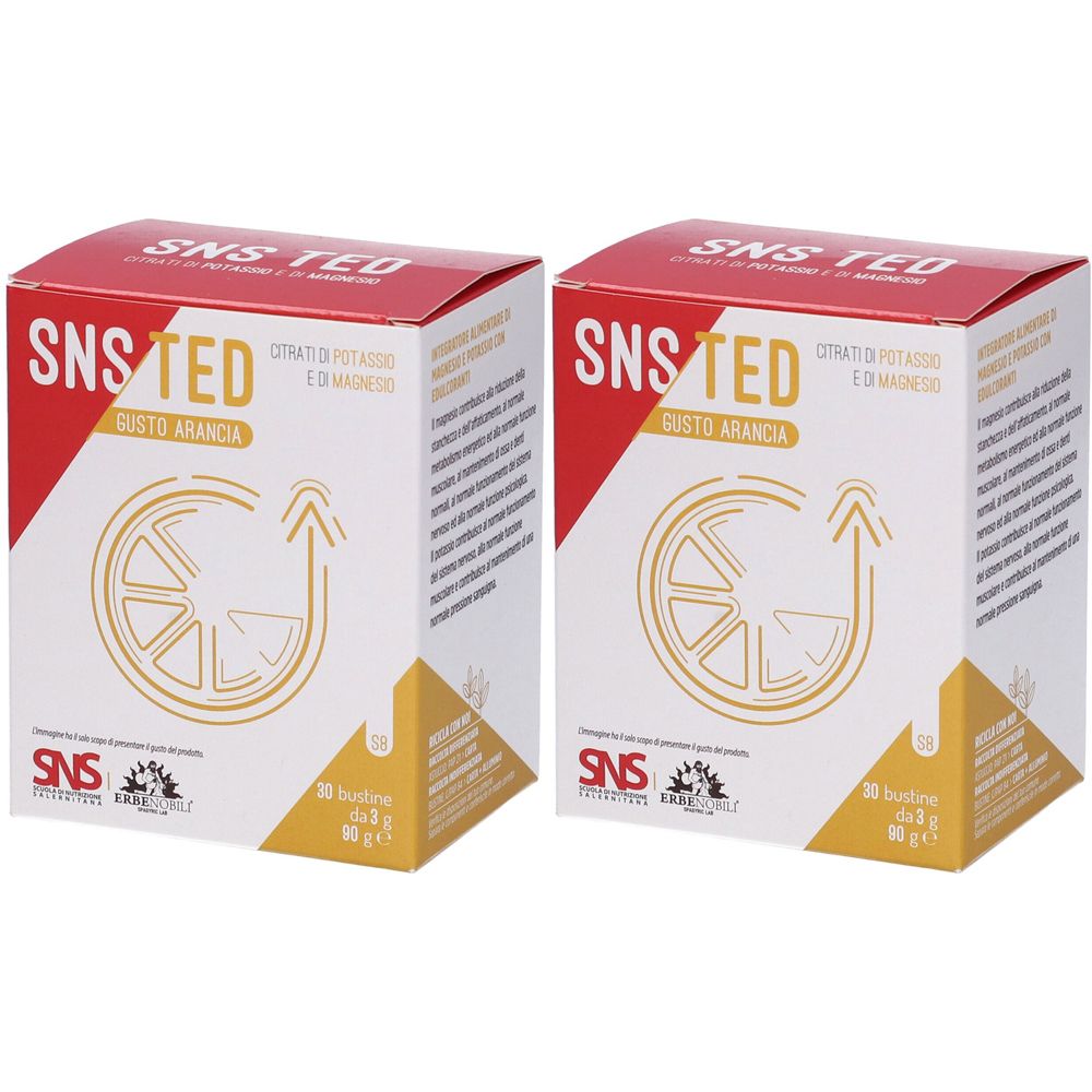 Zwei quadratische Kartons mit der Aufschrift SNS TED, Geschmack Orange. Aufdruck mit Inhaltsangaben und Logo.