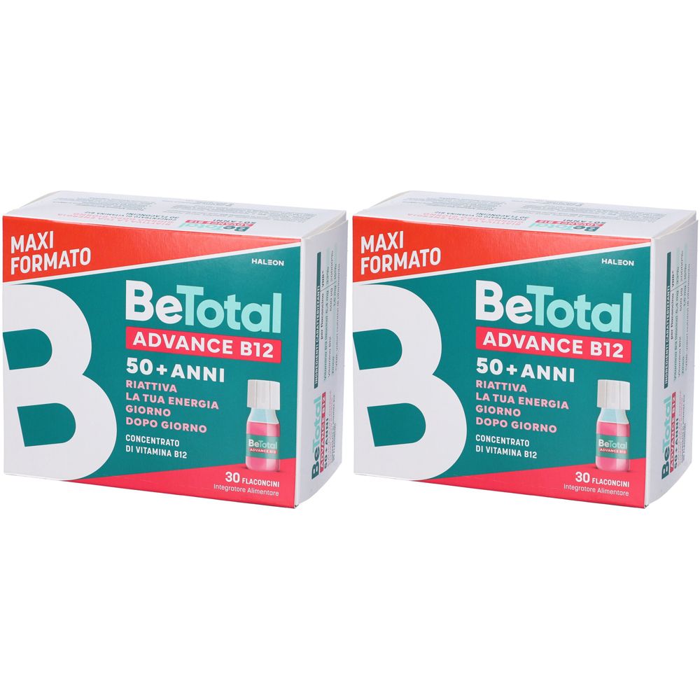Deux boîtes de BeTotal Advance B12. Inscription : Maxi Formato, 50+ Anni, concentré de vitamine B12. Chaque boîte contient 30 flacons.