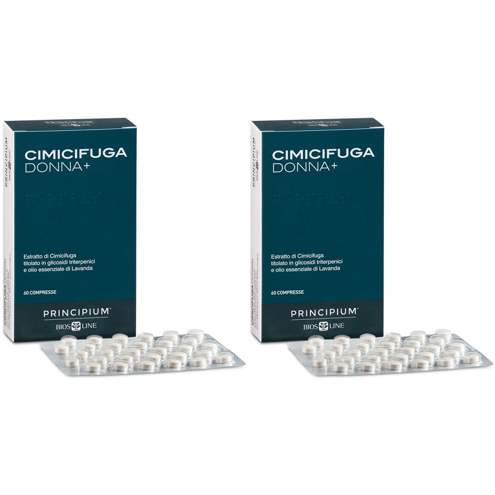 Deux boîtes et plaquettes de comprimés. Sur les boîtes, on lit CIMICIFUGA DONNA+ et BIOSLINE. Comprimés en plaquettes.