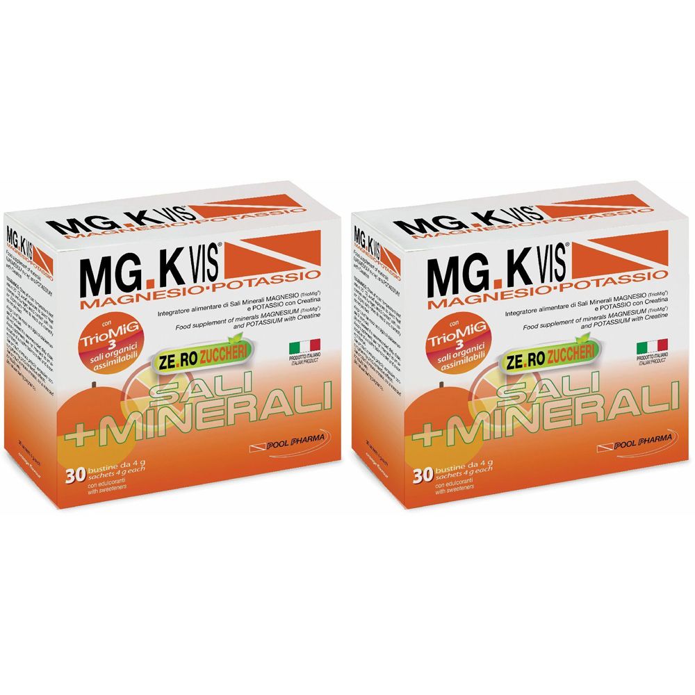 Deux boîtes de MG.K VIS Magnesio e Potassio. Inscriptions : Sels + Minéraux, 30 sachets, Zero Zuccheri.