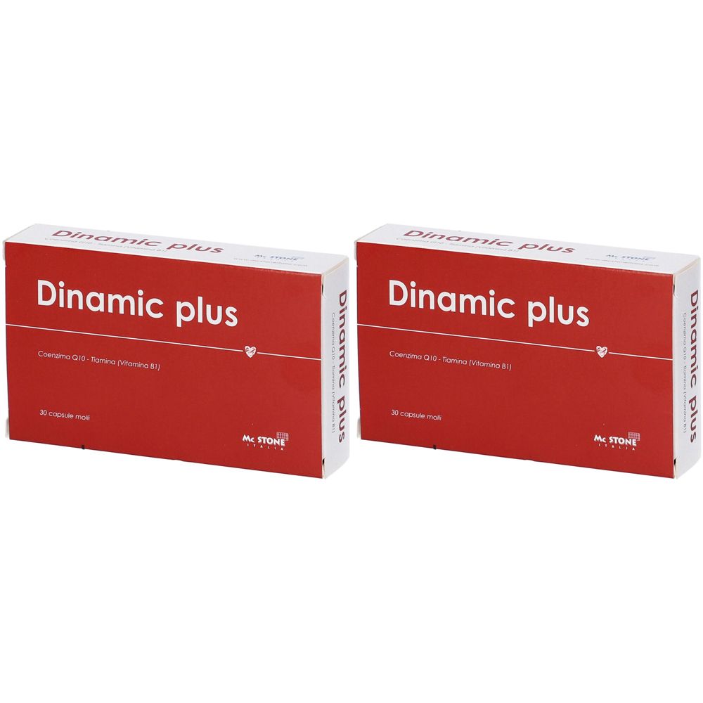 Deux boîtes rouges "Dinamc plus". Inscription: Coenzyme Q10, Sélénium, Vitamine B12. Marque: Mc Stone Italia.