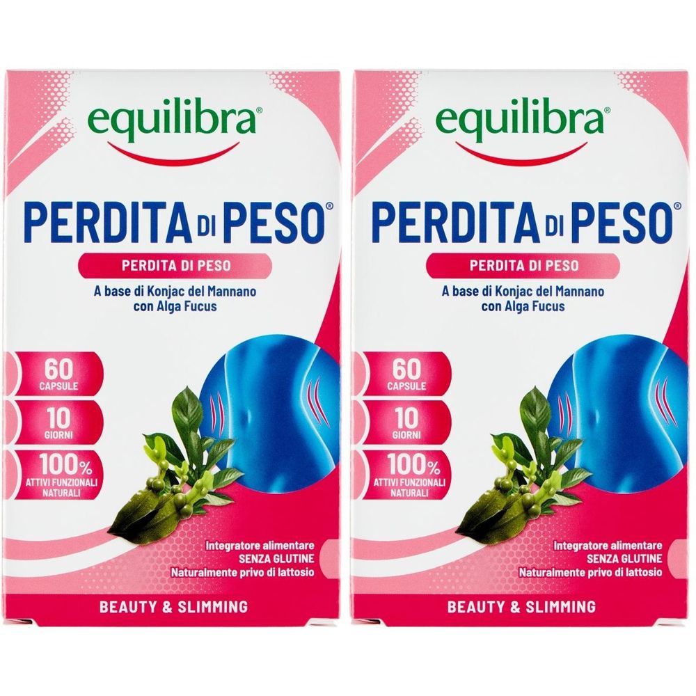 Zwei Packungen Equilibra Perdita di Peso. Aufschrift: Perdita di Peso, 60 Kapseln, 10 Tage, 100% natürliche Wirkstoffe. Ohne Gluten und Laktose.