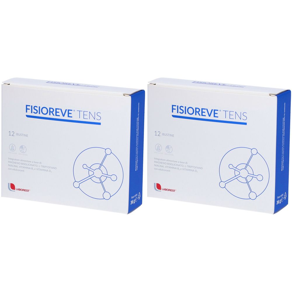 Deux boîtes blanches avec des accents bleus. Inscription : FISIOREVE TENS. Contient 12 pièces. Logo en bas à gauche.