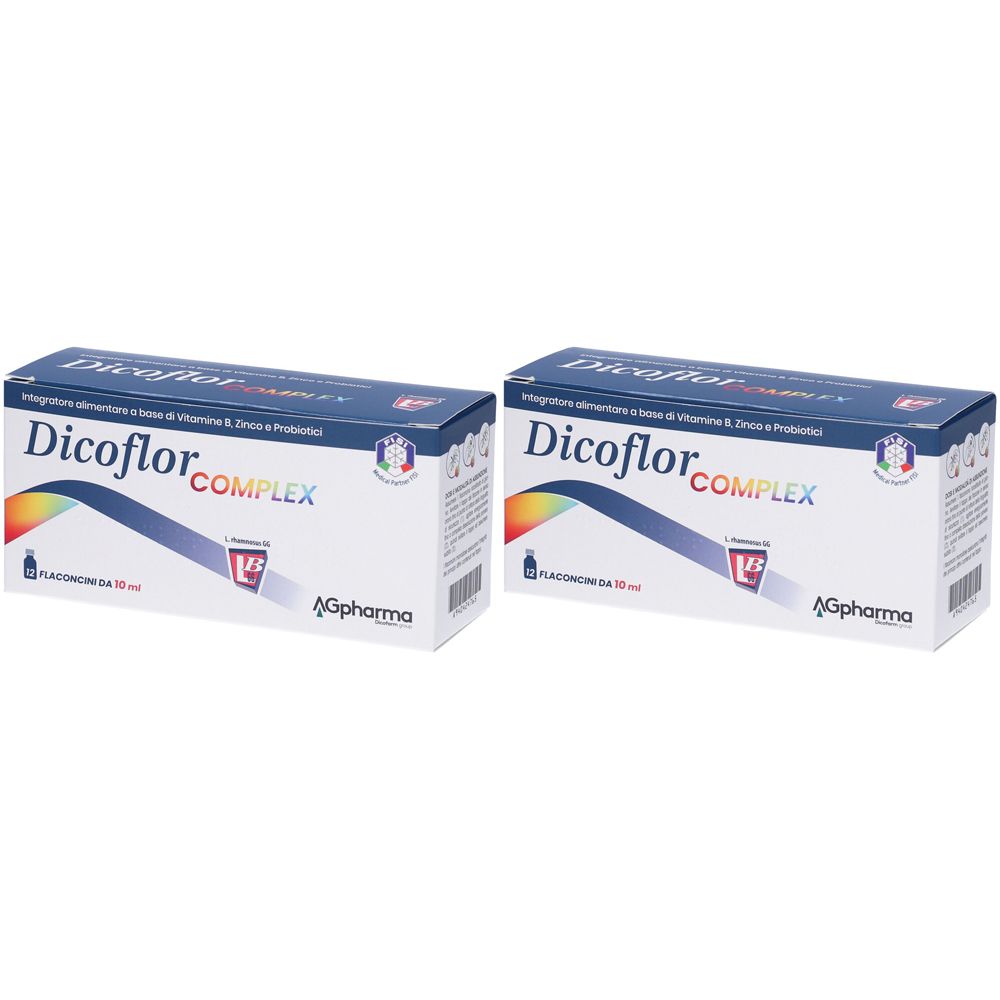 Zwei Schachteln Dicoflor COMPLEX. Aufschrift: Dicoflor COMPLEX, AGpharma. Enthält Vitamin B, Zink und Probiotika. Packung mit 10 ml.