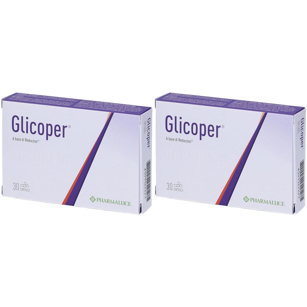 Zwei Schachteln Glicoper. Aufschrift: Glicoper, 30 Kapseln, A base di Felce. Logo Pharmalife. Lila und weiße Verpackung.