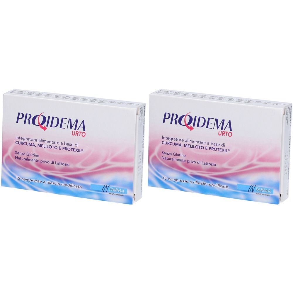 Deux boîtes PROIDEMA URTO. Texte: Complément alimentaire à base de curcuma, mélilot et protexil. Sans gluten.