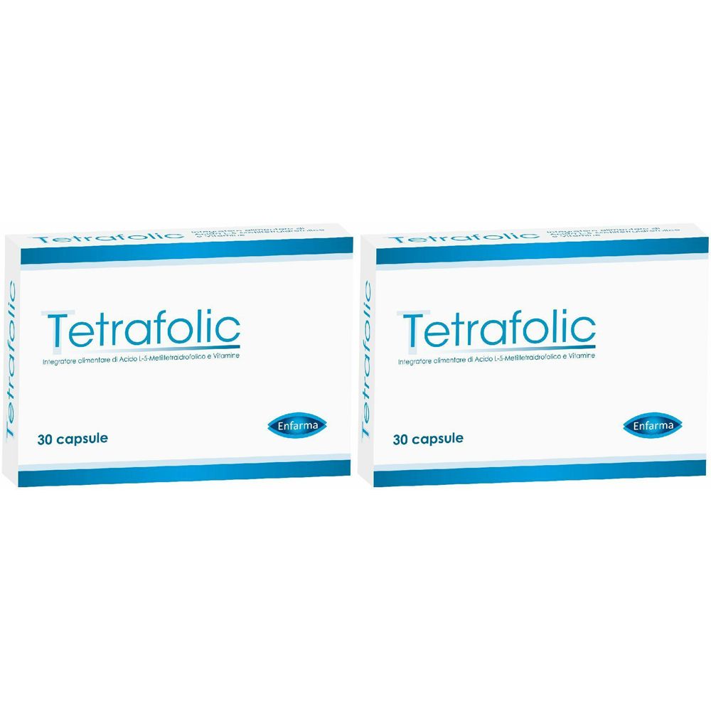 Deux boîtes de Tetrafolic. Inscription: 30 capsules. Marque Enfarma. Emballage bleu et blanc.
