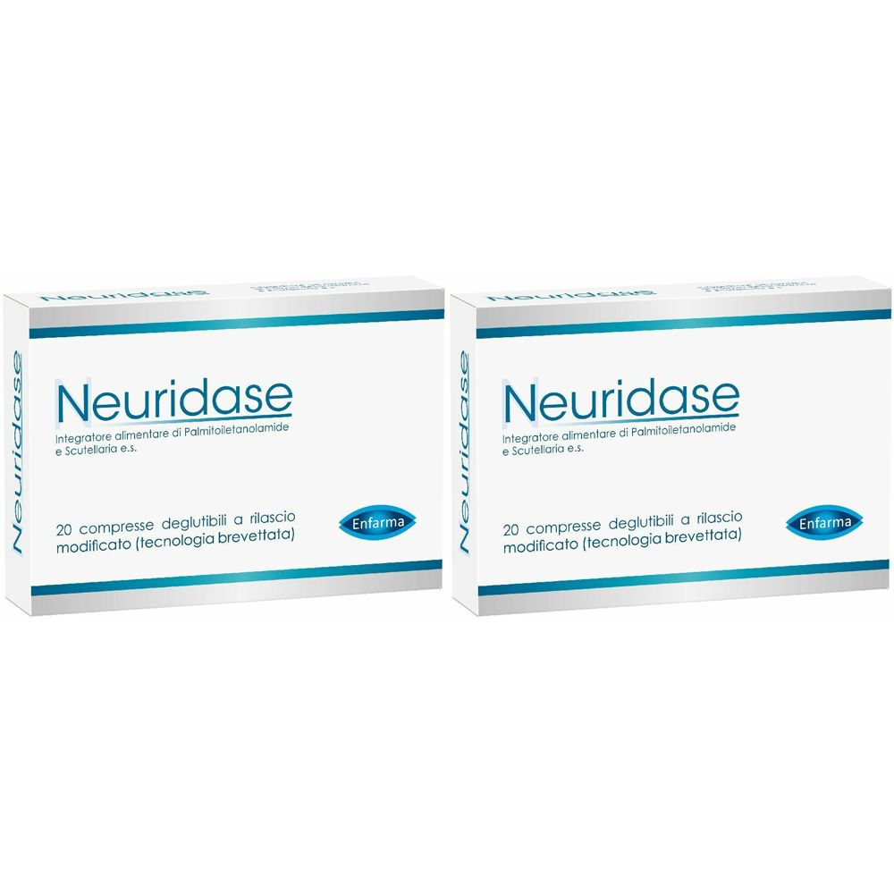 Deux boîtes de Neuridase. Inscription : 20 comprimés, Enfarma. Emballage blanc et bleu.