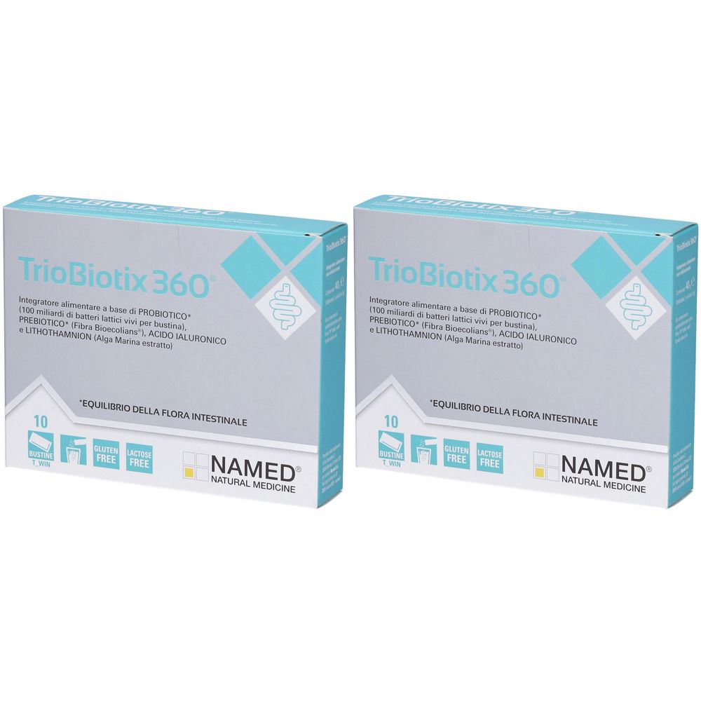 Deux boîtes de TrioBiotix 360 et NAMED. Sur chaque boîte, on peut lire "EQUILIBRIO DELLA FLORA INTESTINALE".
