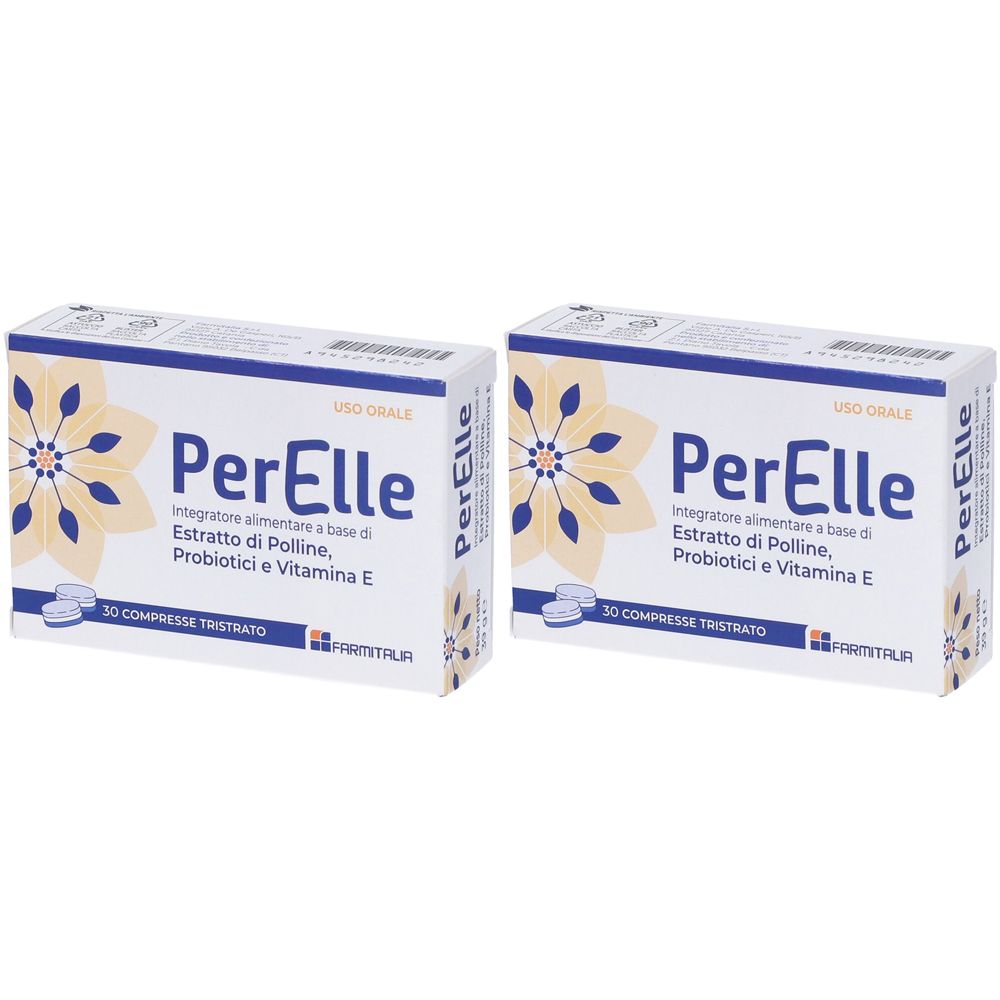 Zwei Schachteln mit der Aufschrift "PerElle". Auf jeder Schachtel steht "Integratore alimentare a base di Estratto di Polline, Probiotici e Vitamina E".