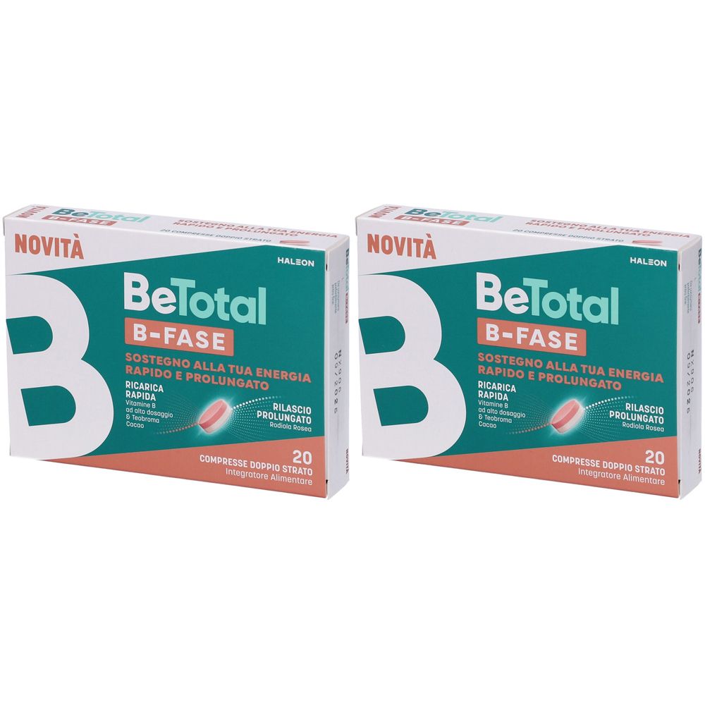 Zwei Schachteln mit der Aufschrift "BeTotal B-FASE". Jede Schachtel enthält 20 Tabletten. Aufschrift "NOVITÀ".