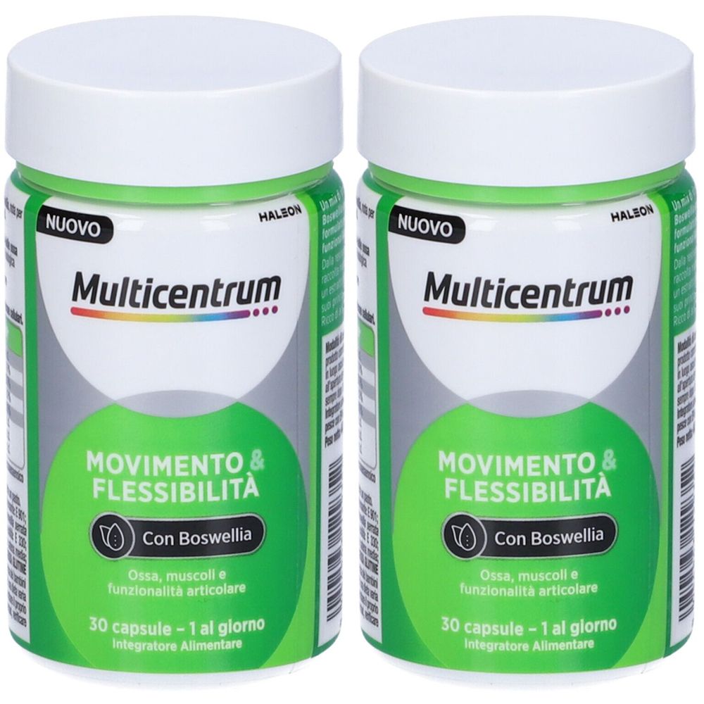 Deux flacons verts et blancs. Inscription: Multicentrum, Movimento & Flessibilità, Con Boswellia. 30 capsules.