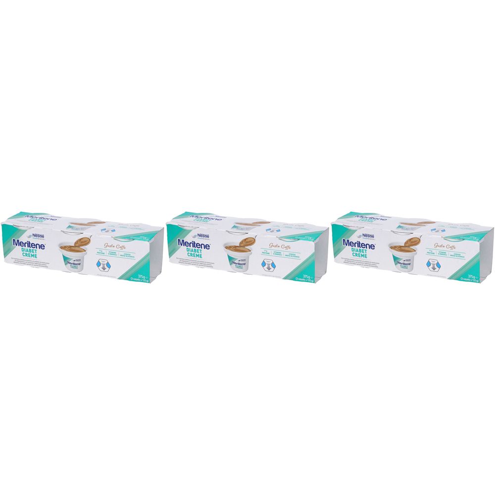Drei Packungen Nestle Meritene Diabet Creme, Geschmack Kaffee. Verpackung mit Produktabbildung und Schriftzug.