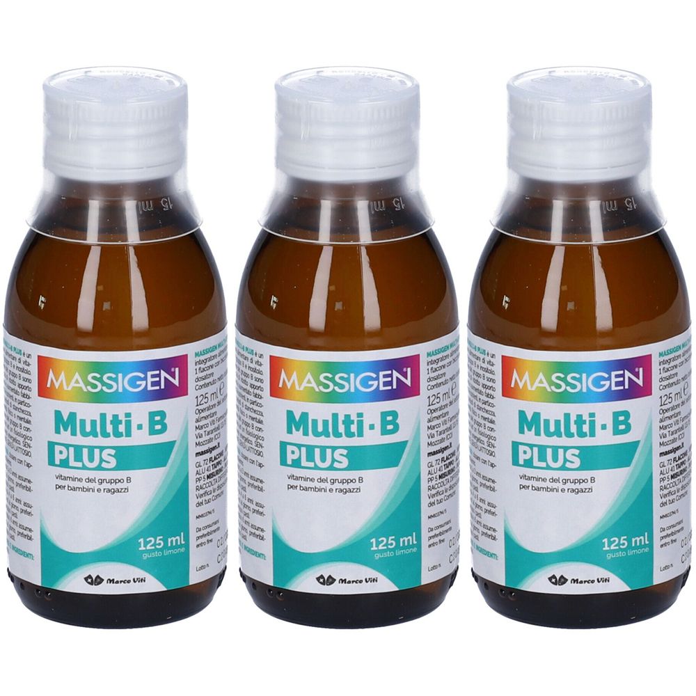 Drei Flaschen mit brauner Flüssigkeit. Auf den Etiketten steht "MASSIGEN Multi-B PLUS" und "125 ml".