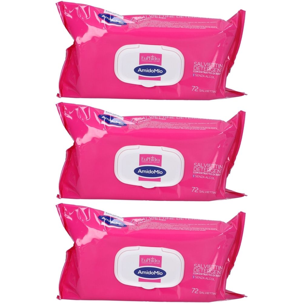 Trois paquets de lingettes nettoyantes roses. Chaque paquet a une étiquette ovale avec du texte. Les paquets sont disposés côte à côte.