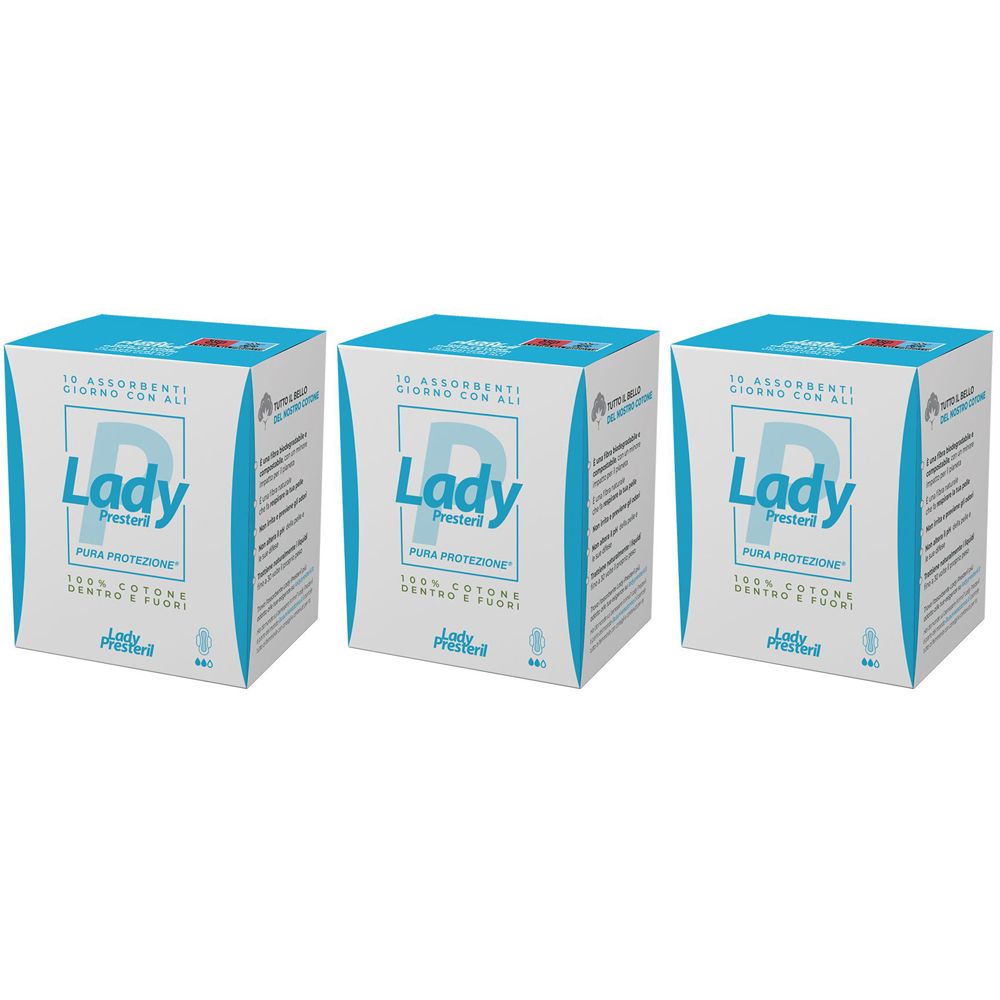 Trois boîtes carrées. Sur chaque boîte, "Lady Presteril" et "Pura Protezione". Emballage bleu et blanc.