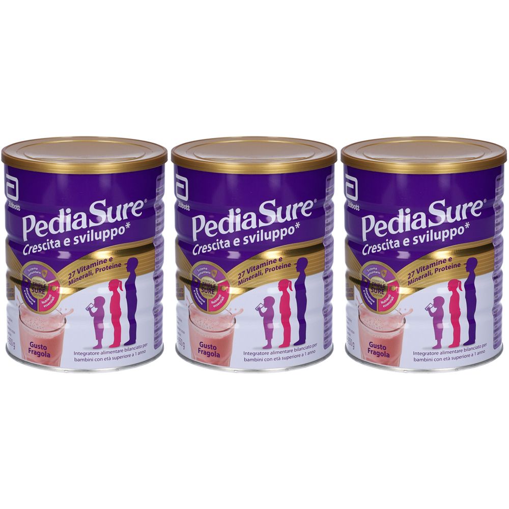 Trois boîtes PediaSure, couvercles et étiquettes violets. Inscription : Crescita e sviluppo. Illustration d'enfants. Goût fraise.