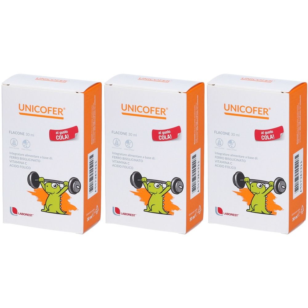 Drei orangefarbene Schachteln mit dem Aufdruck UNICOFER. Jede Schachtel zeigt ein grünes Krokodil, das eine Hantel stemmt.