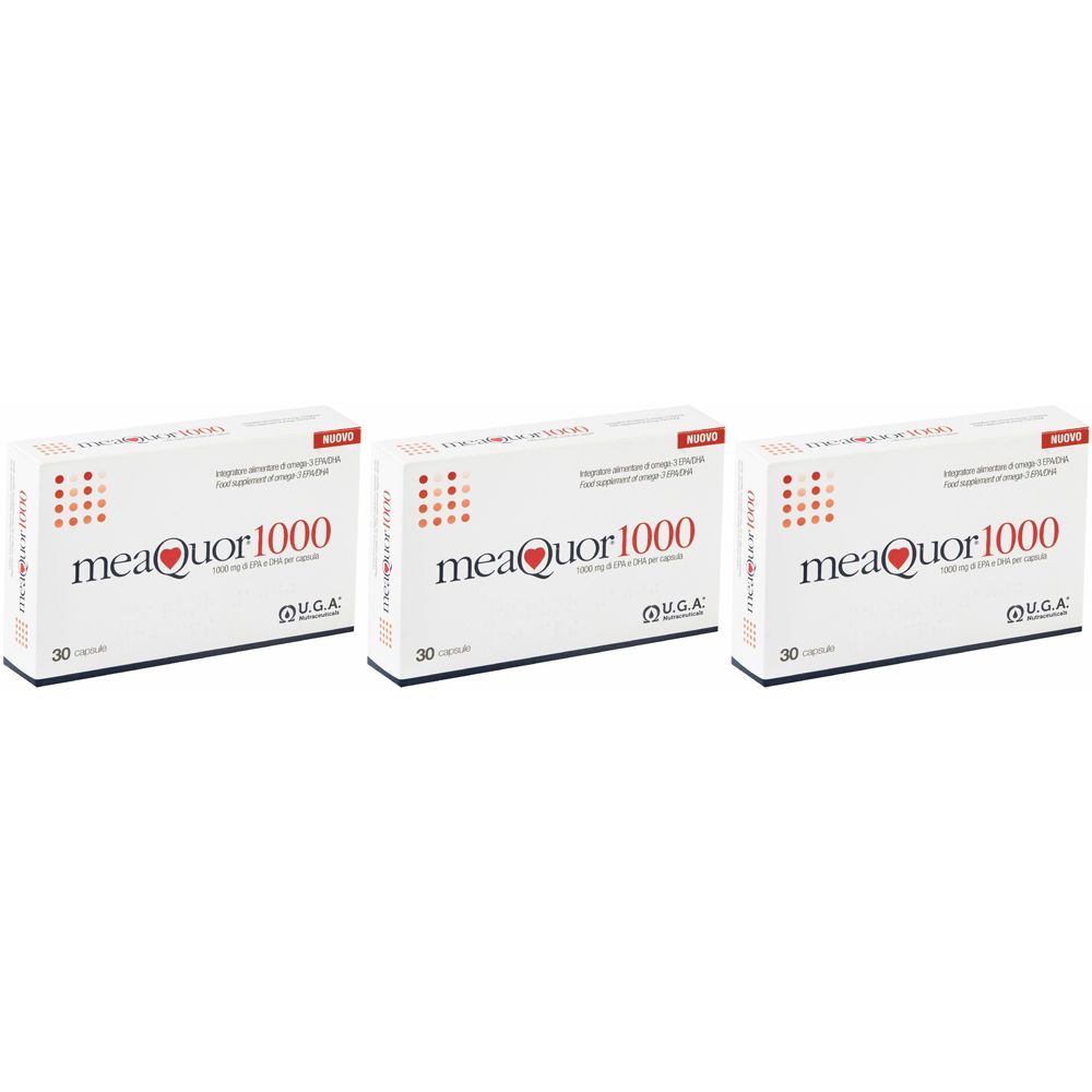 Trois boîtes blanches avec texte rouge et noir. Inscription : meaquor 1000, 30 capsules.