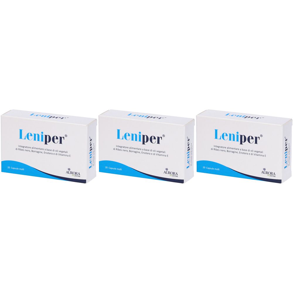 Drei weiße Schachteln mit der Aufschrift "Leniper". Blaue und schwarze Schrift. Aufschrift in italienischer Sprache.