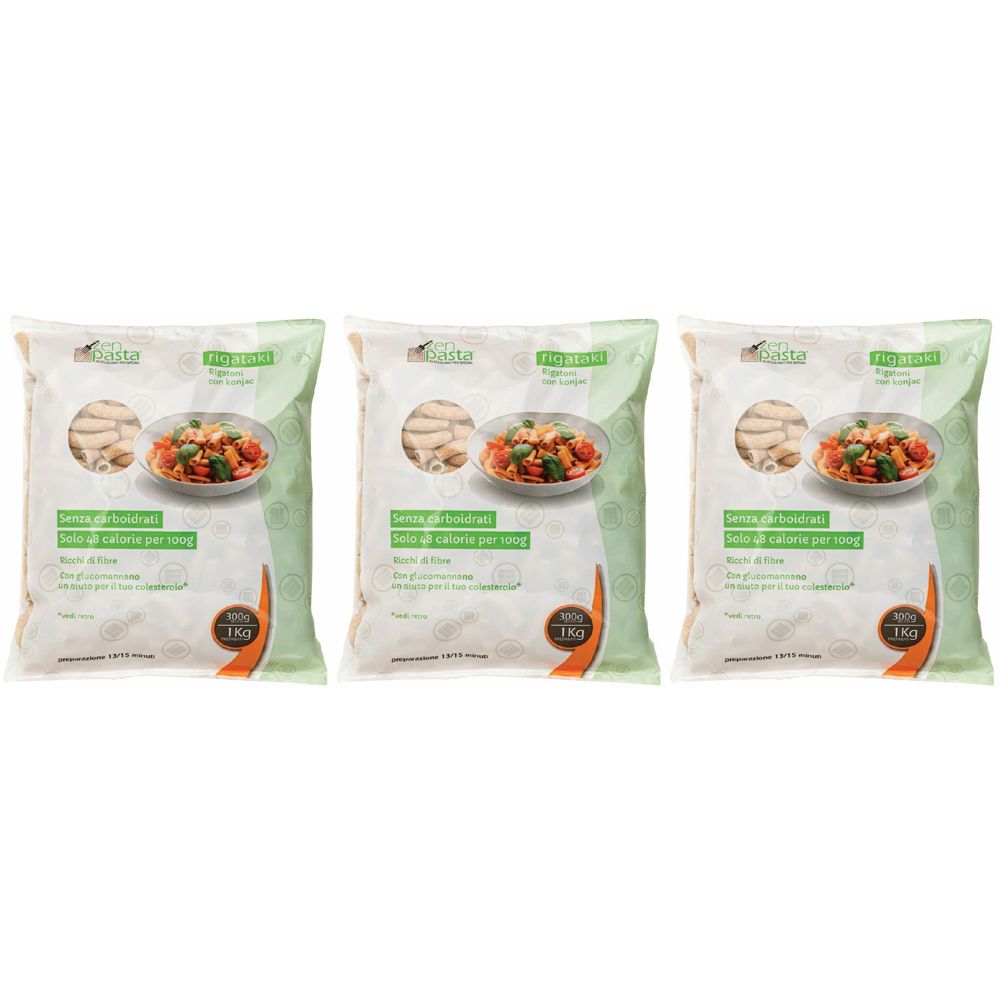 Trois paquets de Zenpasta Rigataki. Emballage avec image du produit et texte. Inscription : « Senza glutine ». Poids : 1 kg.