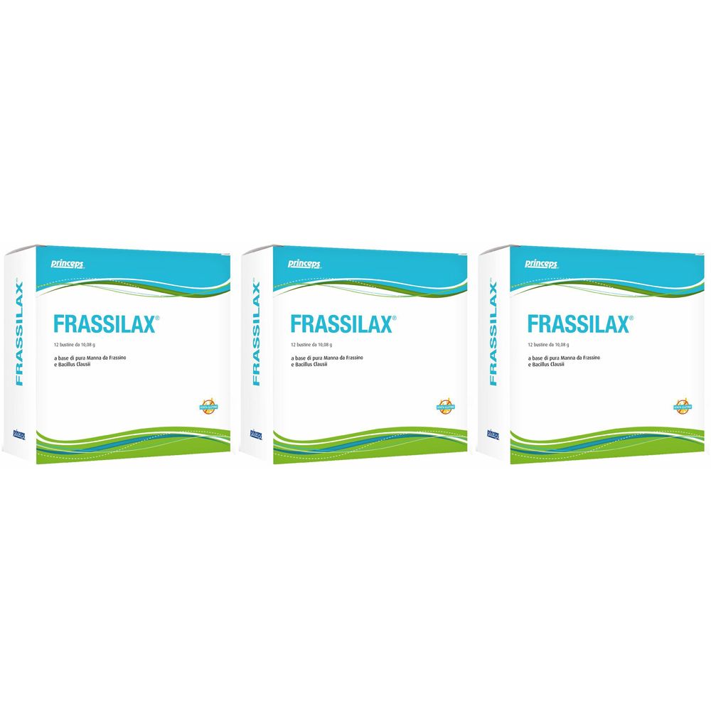 Drei Schachteln Frassilax. Jede Schachtel hat einen weißen Hintergrund mit blau-grünen Akzenten. Der Produktname ist deutlich sichtbar.