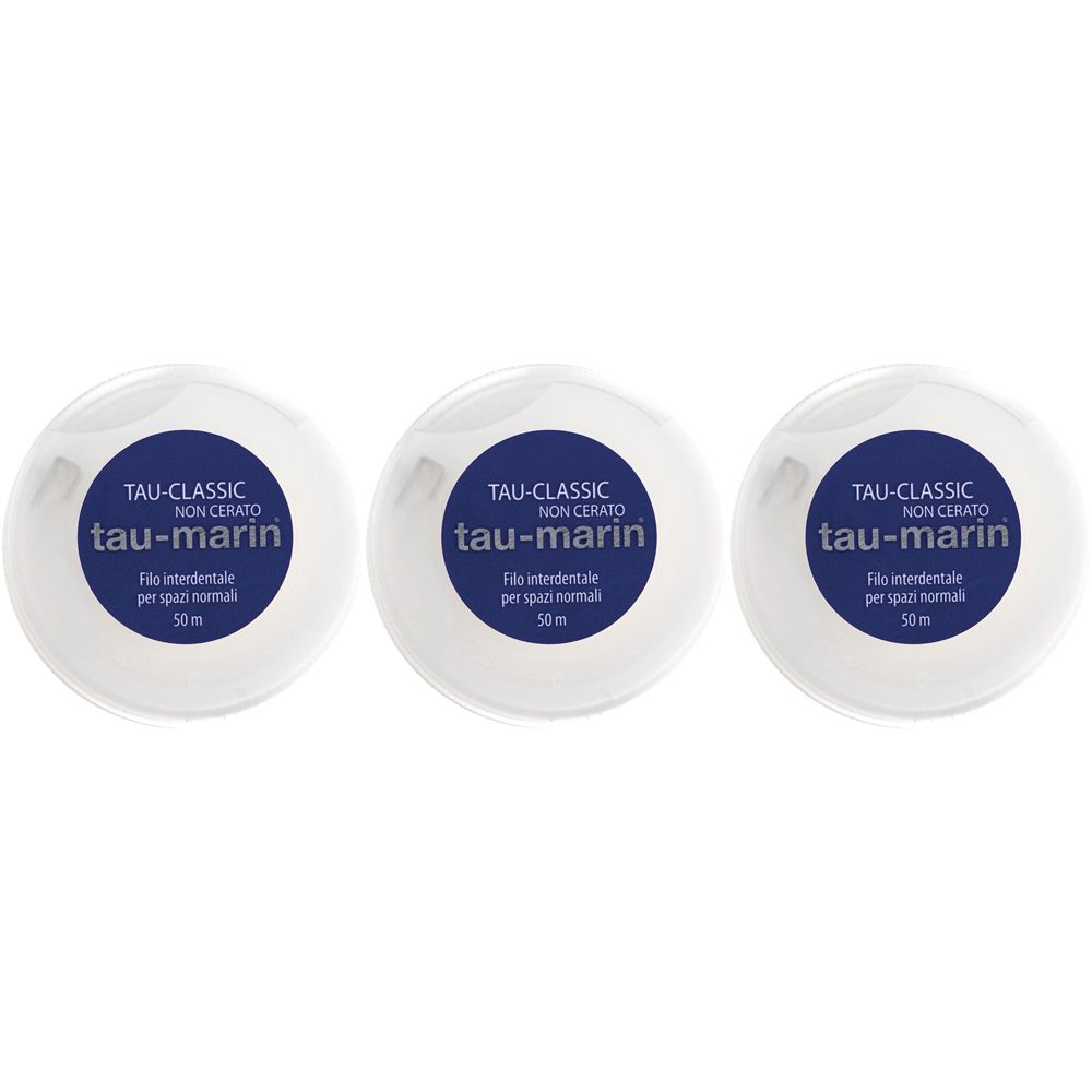 Trois boîtiers ronds avec étiquette bleue. L'étiquette indique "TAU-CLASSIC", "tau-marin" et "Fil dentaire".