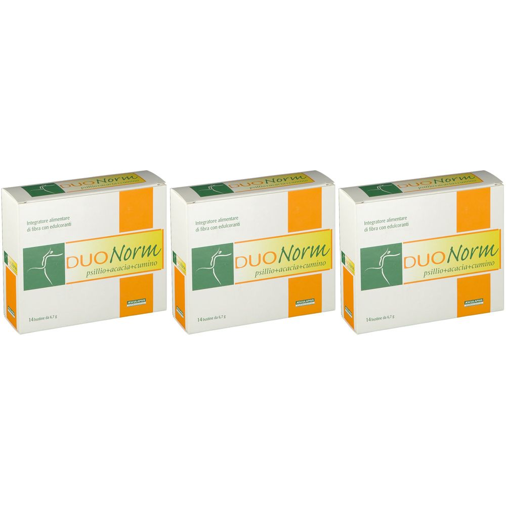 Trois boîtes DUONorm. Emballage blanc avec des accents orange et logo du produit. Texte en italien.