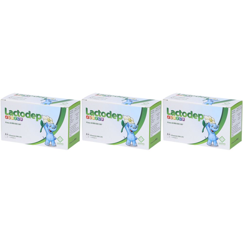 Drei Schachteln Lactodep Junior. Jede Schachtel zeigt ein blaues Cartoon-Nilpferd und den Produktnamen. Grün-weiße Verpackung.