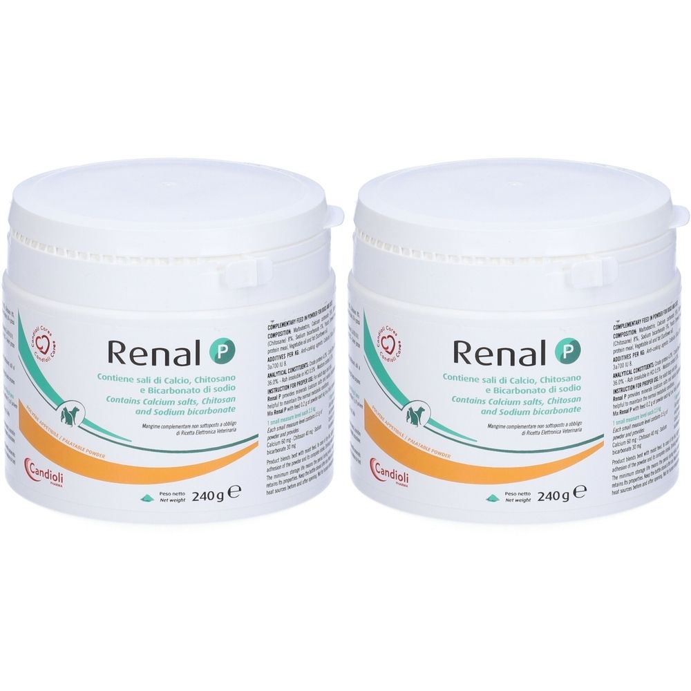 Zwei weiße Dosen mit Deckel. Aufschrift "Renal P". Enthält Calcium, Chitosan und Natriumbicarbonat. Marke: Candioli. 240g.