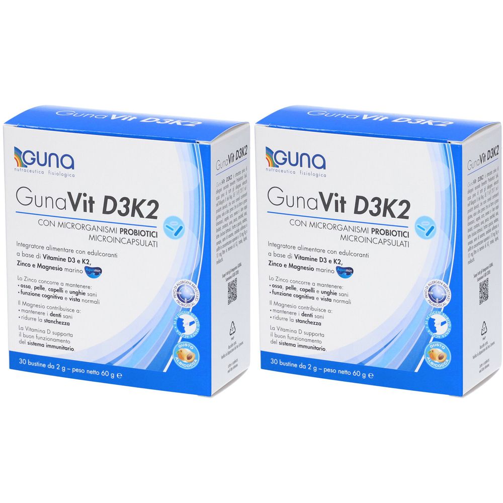 Zwei Schachteln GunaVit D3K2. Blaue und weiße Verpackung mit Produktnamen und Inhaltsangaben. Enthält Mikroorganismen.