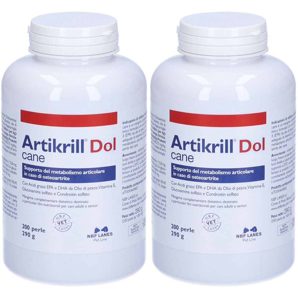 Deux flacons blancs Artikrill Dol cane. Inscription: 200 perles, 290 g. Bande rouge et texte. Marque VET et NBF LANES.