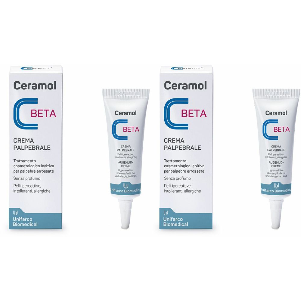Drei Produkte: Ceramol C Beta Augencreme. Zwei Tuben und eine Schachtel. Aufschrift: CREMA PALPEBRALE. Unifarco Biomedical.