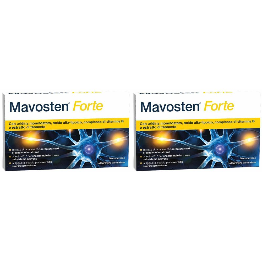 Zwei Schachteln mit der Aufschrift "Mavosten Forte". Aufschrift mit Inhaltsstoffen und 20 Tabletten. Hintergrund mit Nervenzellen.